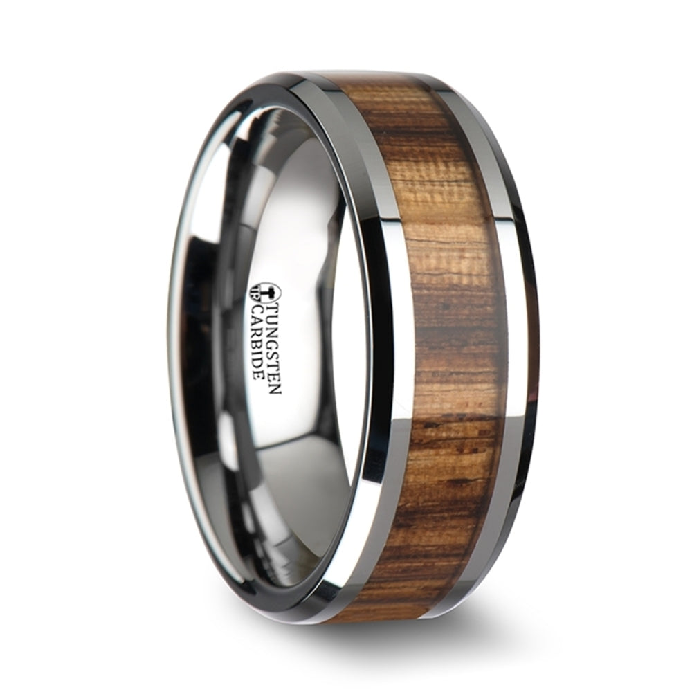 Mens Tungsten Carbide Real Zebra Wood Inlay Wedding Ring - Beveled Edges Comfort Fit - 4mm 6mm 7mm 8mm 10mm Wide - Style name: PALMALETTO
