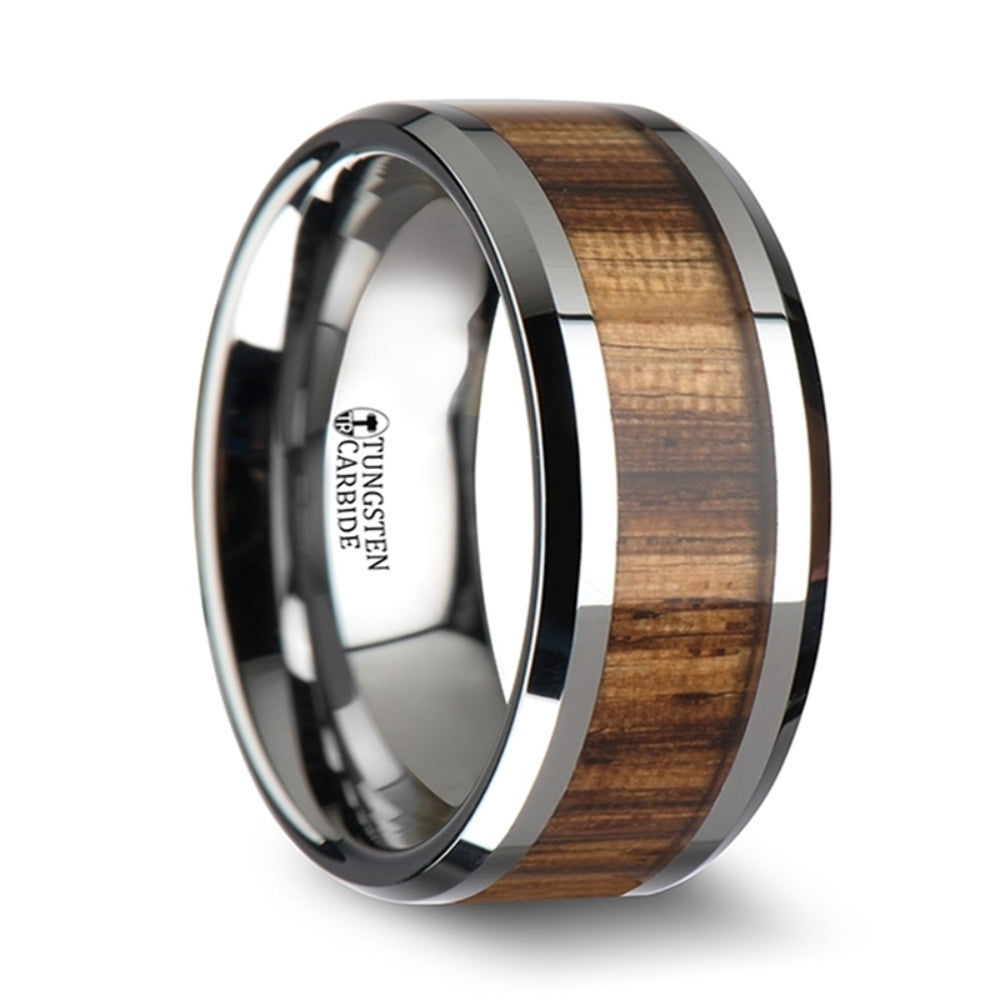 Mens Tungsten Carbide Real Zebra Wood Inlay Wedding Ring - Beveled Edges Comfort Fit - 4mm 6mm 7mm 8mm 10mm Wide - Style name: PALMALETTO