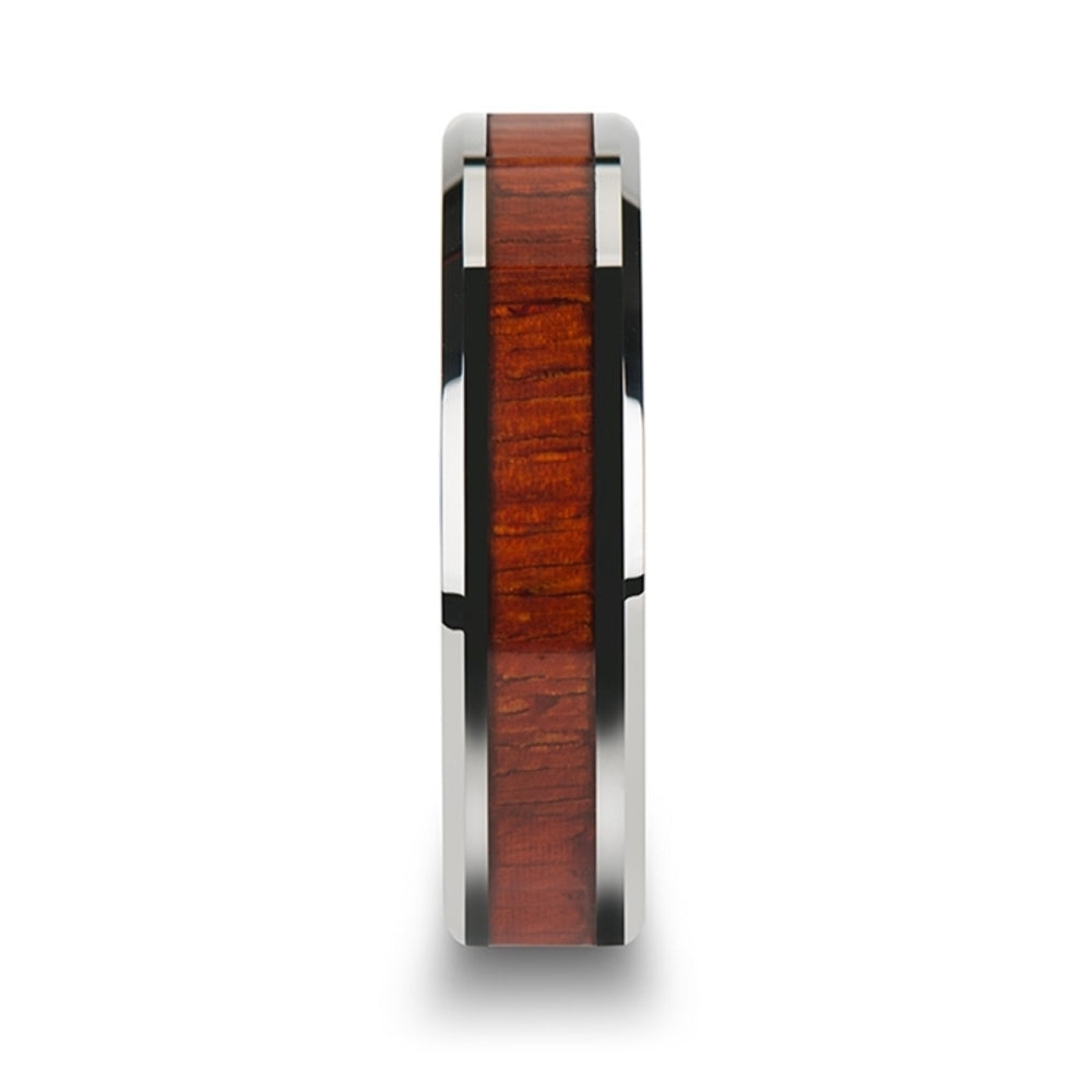 Mens Tungsten Padauk Real Wood Inlay Wedding Ring - Polished Beveled Comfort Fit - 6mm 8mm 10mm Wide - Style name: NARRA