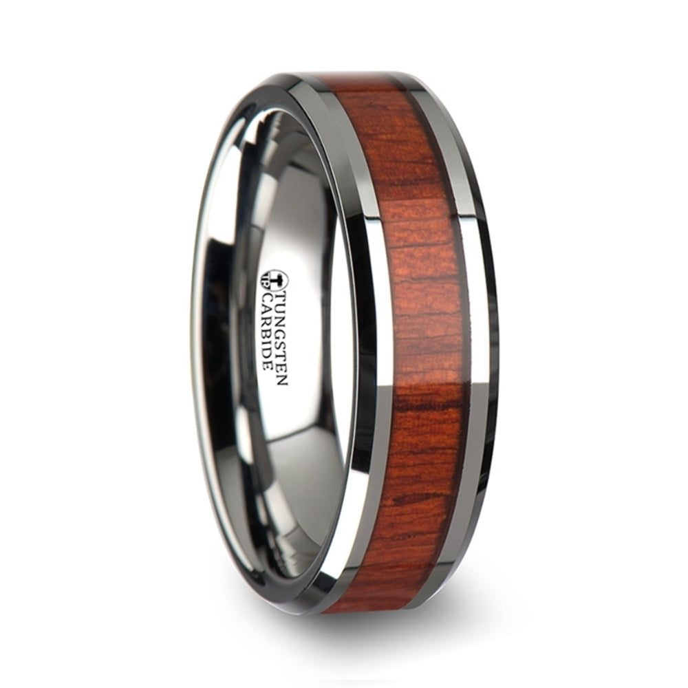 Mens Tungsten Padauk Real Wood Inlay Wedding Ring - Polished Beveled Comfort Fit - 6mm 8mm 10mm Wide - Style name: NARRA