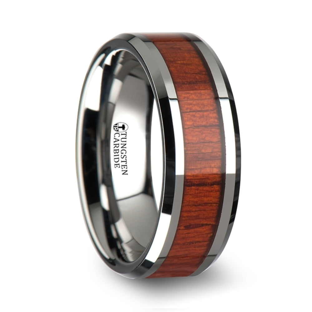 Mens Tungsten Padauk Real Wood Inlay Wedding Ring - Polished Beveled Comfort Fit - 6mm 8mm 10mm Wide - Style name: NARRA