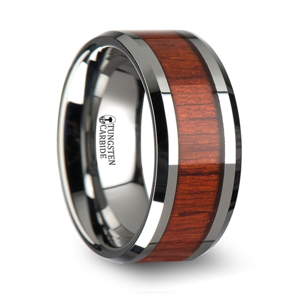 Mens Tungsten Padauk Real Wood Inlay Wedding Ring - Polished Beveled Comfort Fit - 6mm 8mm 10mm Wide - Style name: NARRA