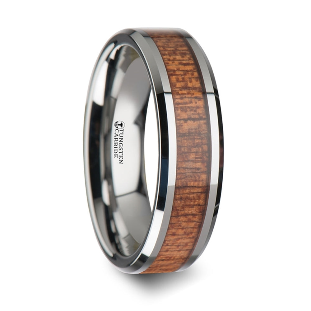 Mens Tungsten African Sapele Wood Inlay Wedding Ring - Polished Beveled Comfort Fit - 6mm 8mm 10mm Wide - Style name: CONGO