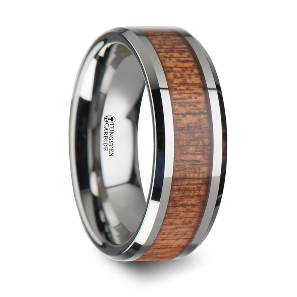 Mens Tungsten African Sapele Wood Inlay Wedding Ring - Polished Beveled Comfort Fit - 6mm 8mm 10mm Wide - Style name: CONGO