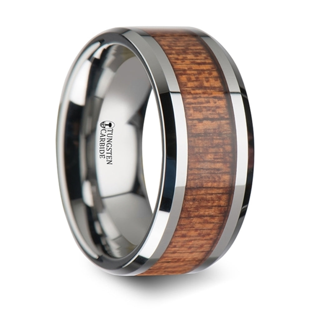 Mens Tungsten African Sapele Wood Inlay Wedding Ring - Polished Beveled Comfort Fit - 6mm 8mm 10mm Wide - Style name: CONGO