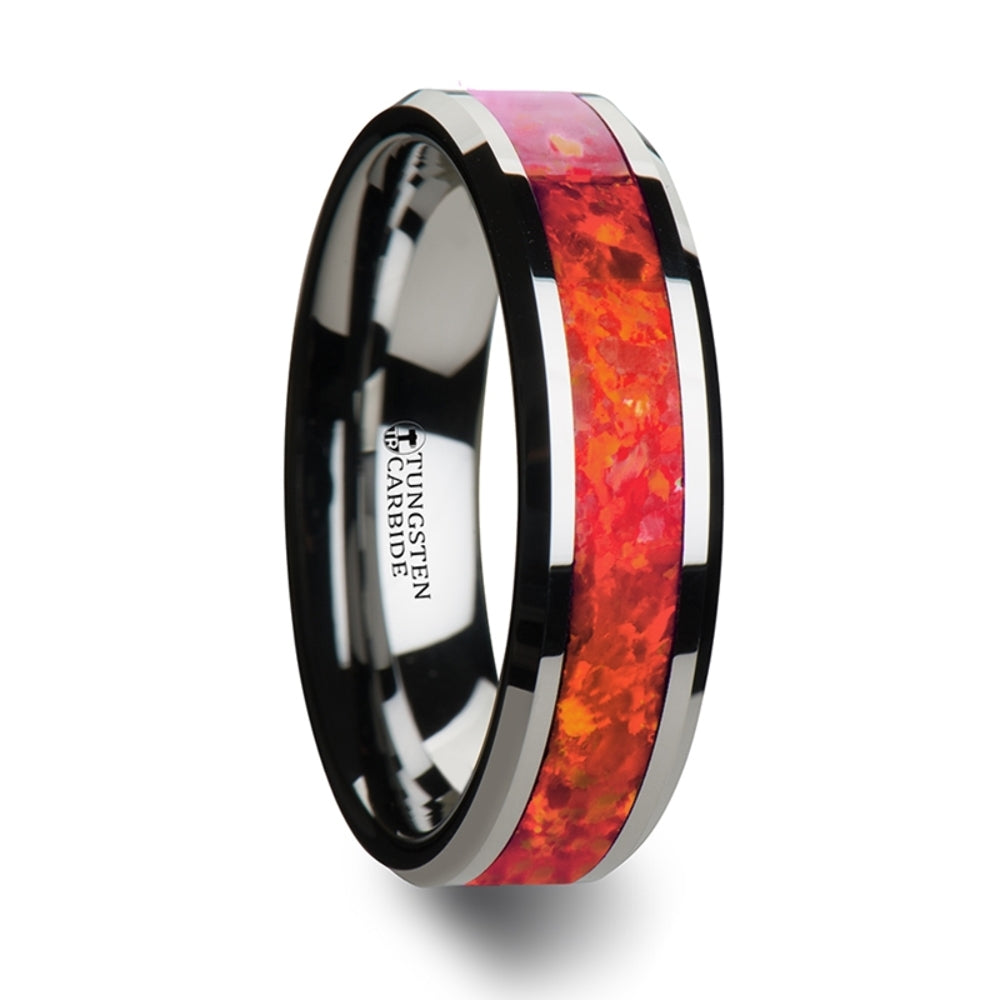 Mens Tungsten Red Opal Inlay Wedding Ring - Beveled Comfort Fit - 4mm 6mm 8mm Wide - Style name: NEBULA