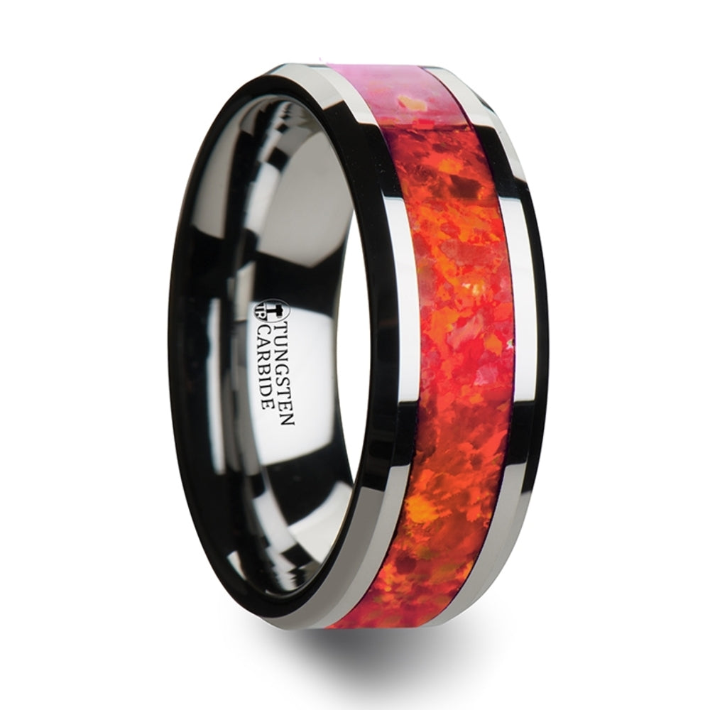 Mens Tungsten Red Opal Inlay Wedding Ring - Beveled Comfort Fit - 4mm 6mm 8mm Wide - Style name: NEBULA