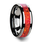 Load image into Gallery viewer, Mens Tungsten Red Opal Inlay Wedding Ring - Beveled Comfort Fit - 4mm 6mm 8mm Wide - Style name: NEBULA
