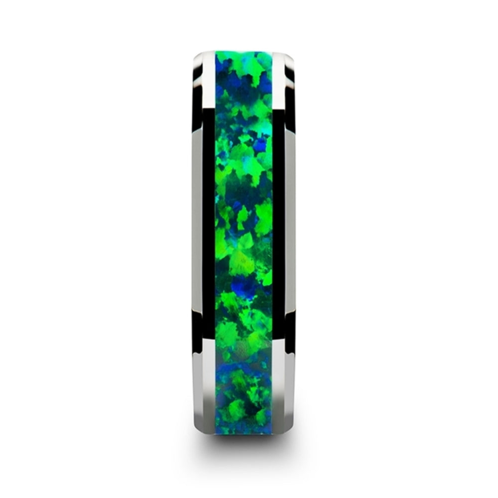 Mens Tungsten Green Blue Opal Inlay Wedding Ring - Beveled Edges Comfort Fit - 6mm 8mm Wide - Style name: PHOTON