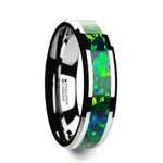 Load image into Gallery viewer, Mens Tungsten Green Blue Opal Inlay Wedding Ring - Beveled Edges Comfort Fit - 6mm 8mm Wide - Style name: PHOTON
