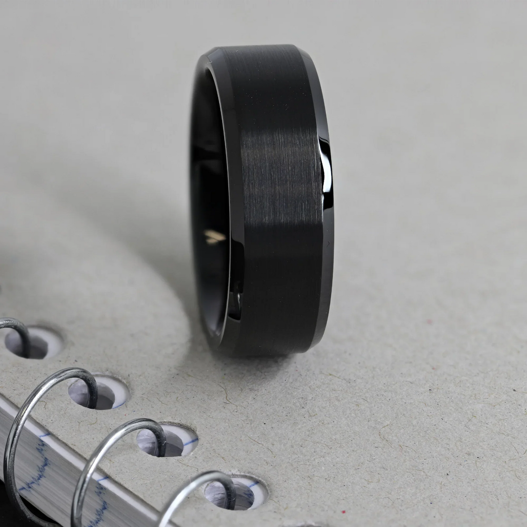 Mens Black Tungsten Brush Finished Center Wedding Ring - Polished Beveled Edges Comfort Fit - 4mm 6mm 7mm 8mm 10mm Wide - Style name: ELISE