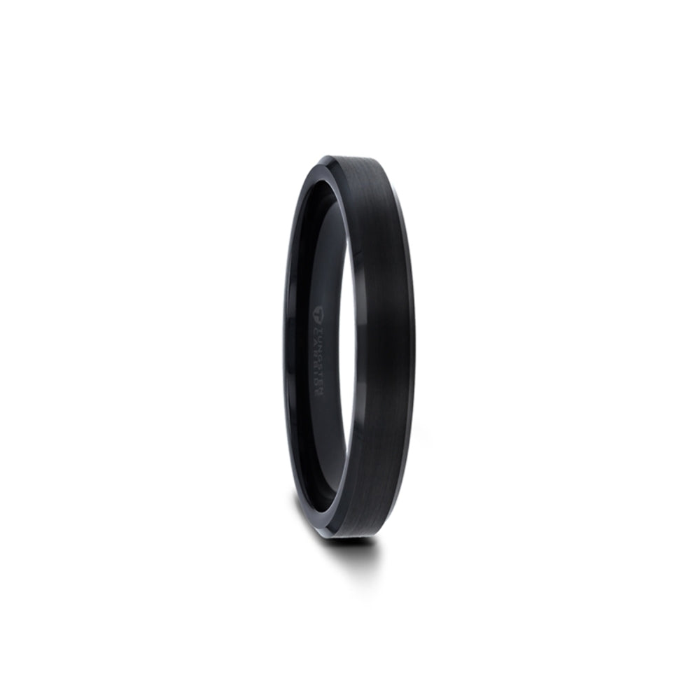 Mens Black Tungsten Brush Finished Center Wedding Ring - Polished Beveled Edges Comfort Fit - 4mm 6mm 7mm 8mm 10mm Wide - Style name: ELISE