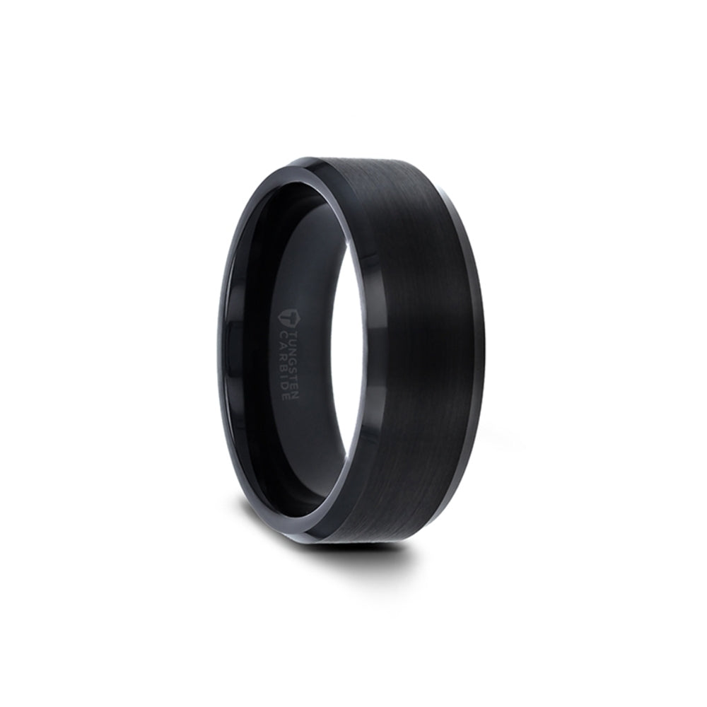 Mens Black Tungsten Brush Finished Center Wedding Ring - Polished Beveled Edges Comfort Fit - 4mm 6mm 7mm 8mm 10mm Wide - Style name: ELISE