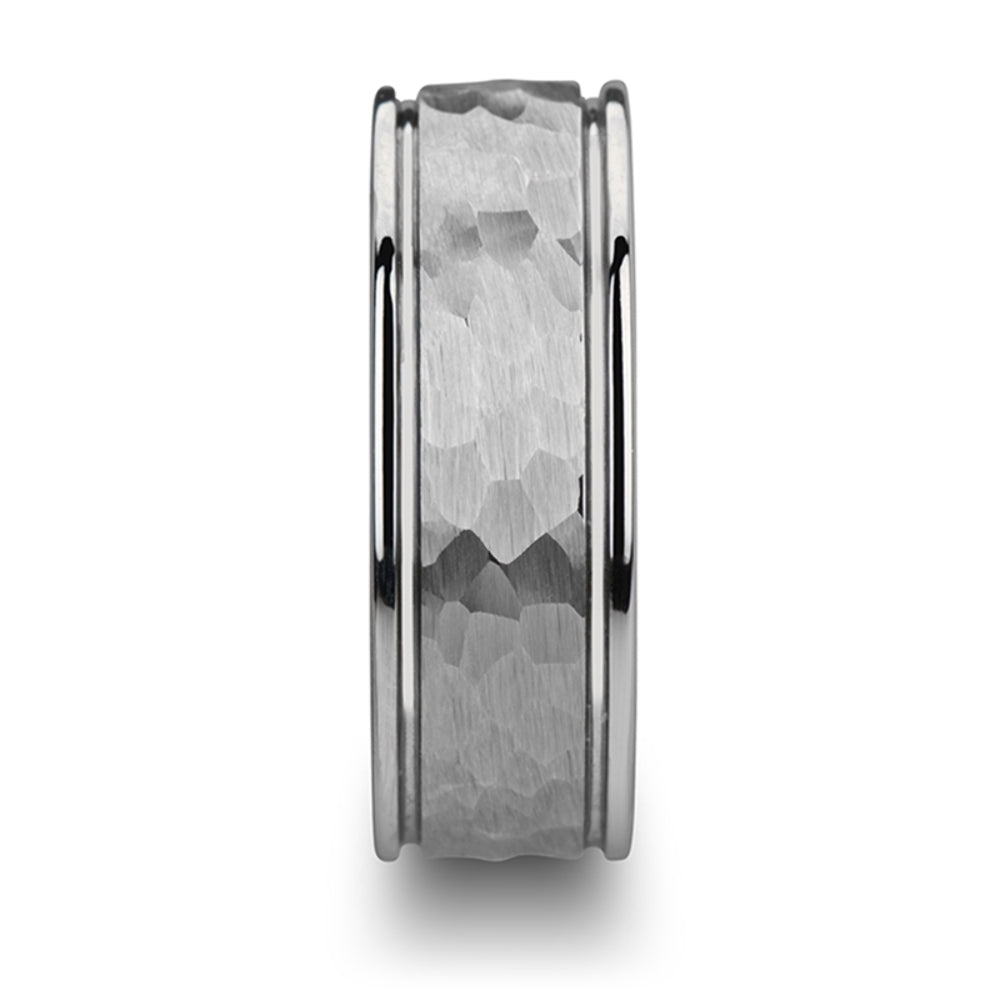 Mens Hammered Finish Center White Tungsten Carbide Dual Offset Grooves Wedding Ring - Polished Edged Comfort Fit - 6mm 8mm Wide - Style name: THORNTON