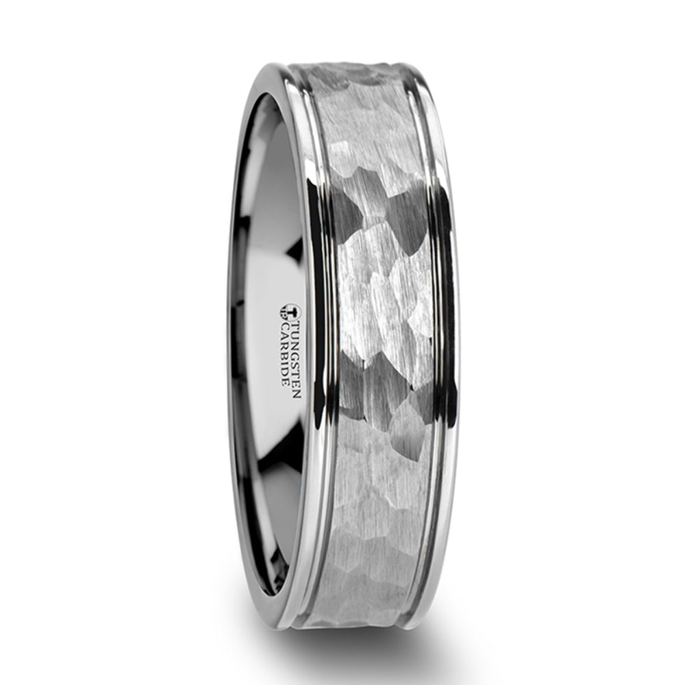 Mens Hammered Finish Center White Tungsten Carbide Dual Offset Grooves Wedding Ring - Polished Edged Comfort Fit - 6mm 8mm Wide - Style name: THORNTON