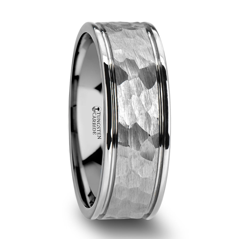 Mens Hammered Finish Center White Tungsten Carbide Dual Offset Grooves Wedding Ring - Polished Edged Comfort Fit - 6mm 8mm Wide - Style name: THORNTON