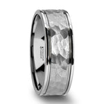 Load image into Gallery viewer, Mens Hammered Finish Center White Tungsten Carbide Dual Offset Grooves Wedding Ring - Polished Edged Comfort Fit - 6mm 8mm Wide - Style name: THORNTON

