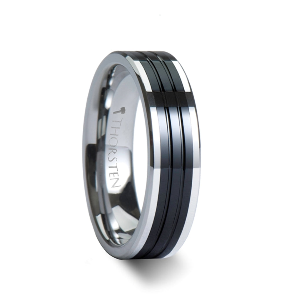 Mens Tungsten Black Ceramic Inlay Wedding Ring - Flat Grooved Comfort Fit - 6mm 8mm 10mm Wide - Style name: EDINBURGH