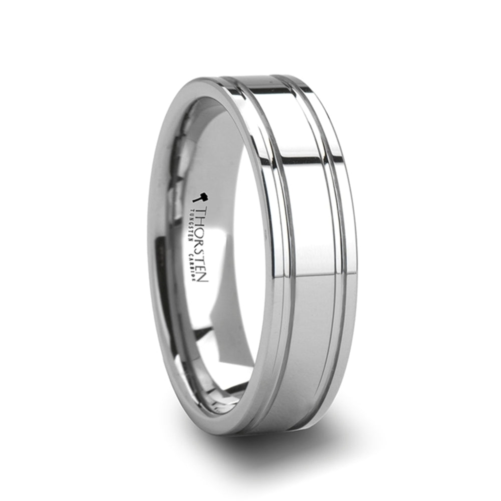 Mens Tungsten Carbide Dual Offset Grooves Wedding Ring - Polished Comfort Fit - 6mm 8mm Wide - Style name: ANCHORAGE