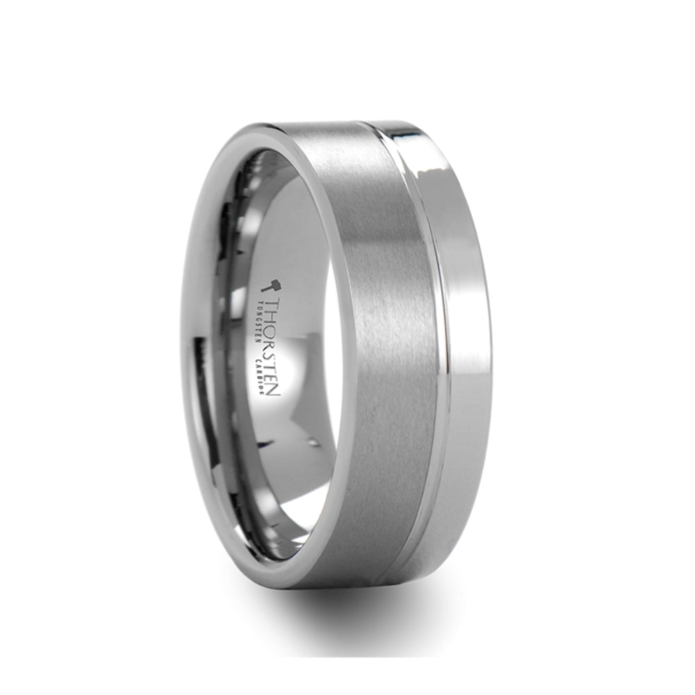 Mens Tungsten Carbide Single Offset Groove Wedding Ring - Polished Comfort Fit - 8mm Wide - Style name: DALLAS