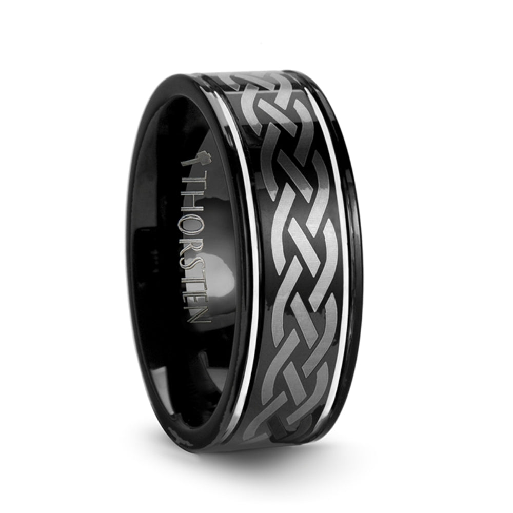 Mens Tungsten Carbide Black Wedding Ring - Celtic Design Comfort Fit - 8mm Wide - Style name: KILDARE