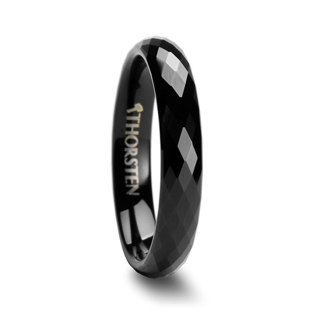 Mens Tungsten Carbide Black 288 Diamond Faceted Wedding Ring - Domed Comfort Fit - 4mm 6mm 8mm Wide - Style name: AEON