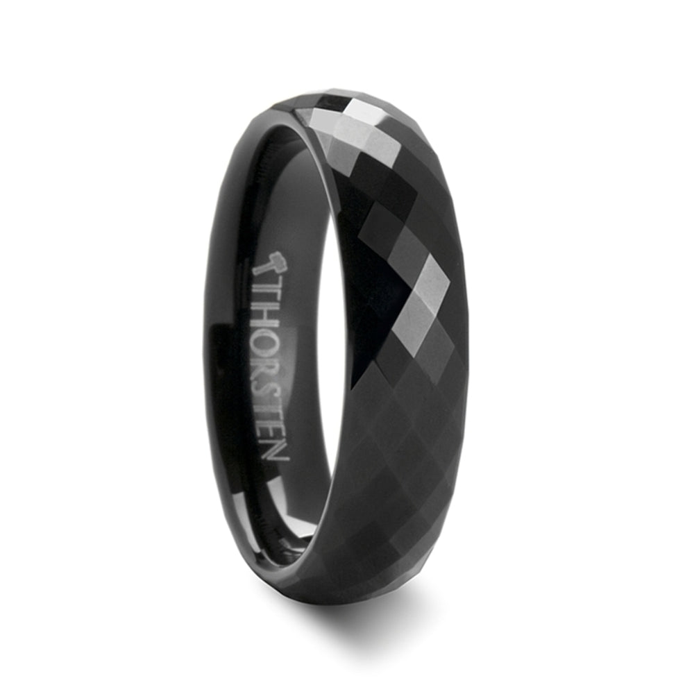 Mens Tungsten Carbide Black 288 Diamond Faceted Wedding Ring - Domed Comfort Fit - 4mm 6mm 8mm Wide - Style name: AEON