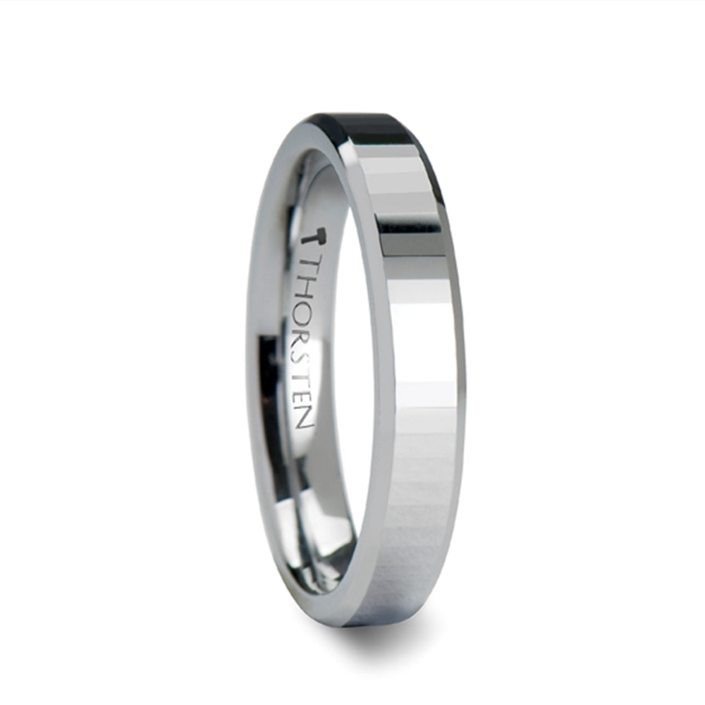 Mens Tungsten Carbide Rectangular Faceted Wedding Ring - Beveled Edged Comfort Fit - 4mm 6mm 8mm Wide - Style name: TURIN