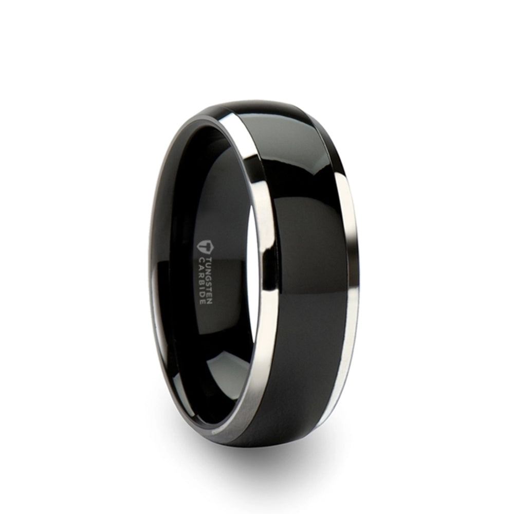 Mens Black Ceramic Inlayed Tungsten Wedding Ring - Domed Comfort Fit - 6mm 7mm 8mm 10mm Wide - Style name: CARRERA