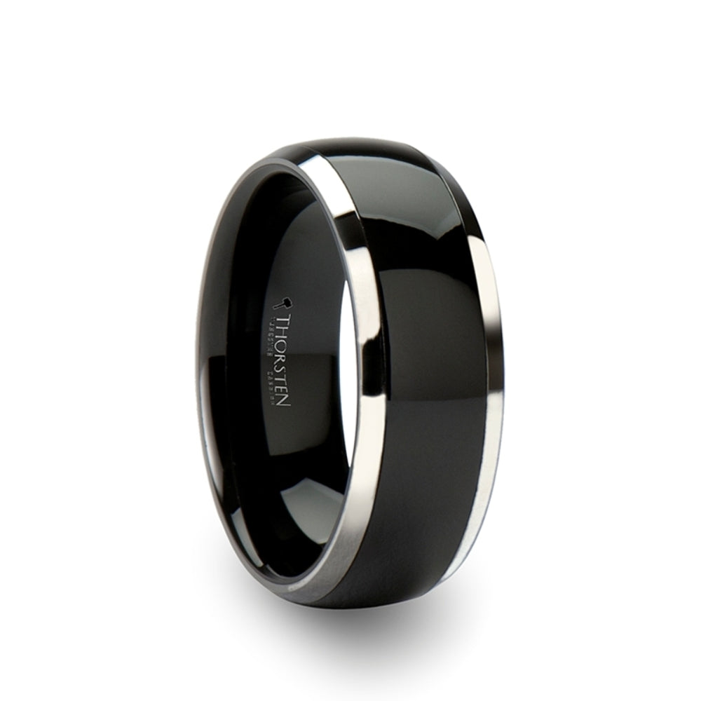 Mens Black Ceramic Inlayed Tungsten Wedding Ring - Domed Comfort Fit - 6mm 7mm 8mm 10mm Wide - Style name: CARRERA