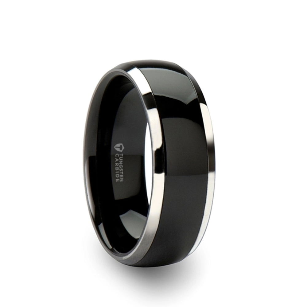 Mens Black Ceramic Inlayed Tungsten Wedding Ring - Domed Comfort Fit - 6mm 7mm 8mm 10mm Wide - Style name: CARRERA