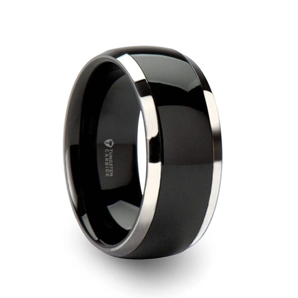 Mens Black Ceramic Inlayed Tungsten Wedding Ring - Domed Comfort Fit - 6mm 7mm 8mm 10mm Wide - Style name: CARRERA