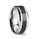 Load image into Gallery viewer, Mens Tungsten Black Carbon Fiber Inlay Wedding Ring - Beveled Comfort Fit - 4mm 6mm 7mm 8mm 10mm 12mm Wide - Style name: MAXIMUS

