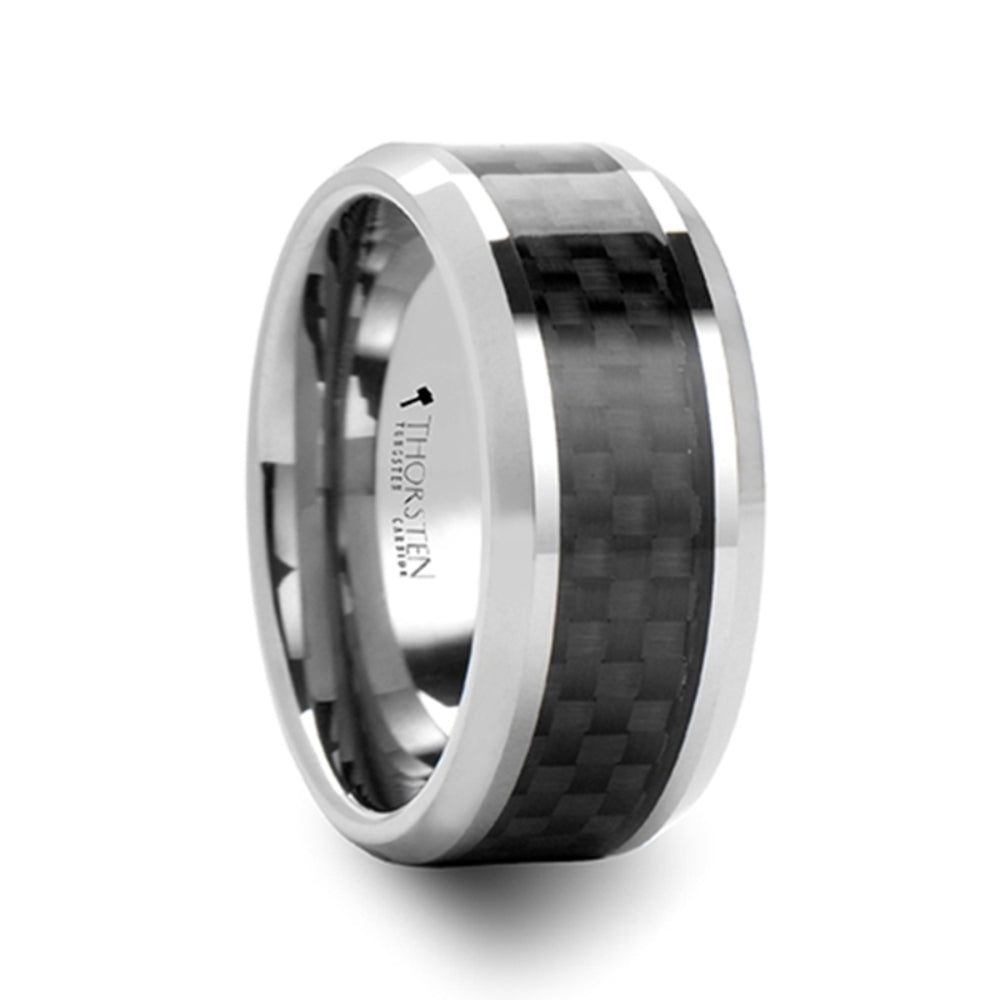 Mens Tungsten Black Carbon Fiber Inlay Wedding Ring - Beveled Comfort Fit - 4mm 6mm 7mm 8mm 10mm 12mm Wide - Style name: MAXIMUS