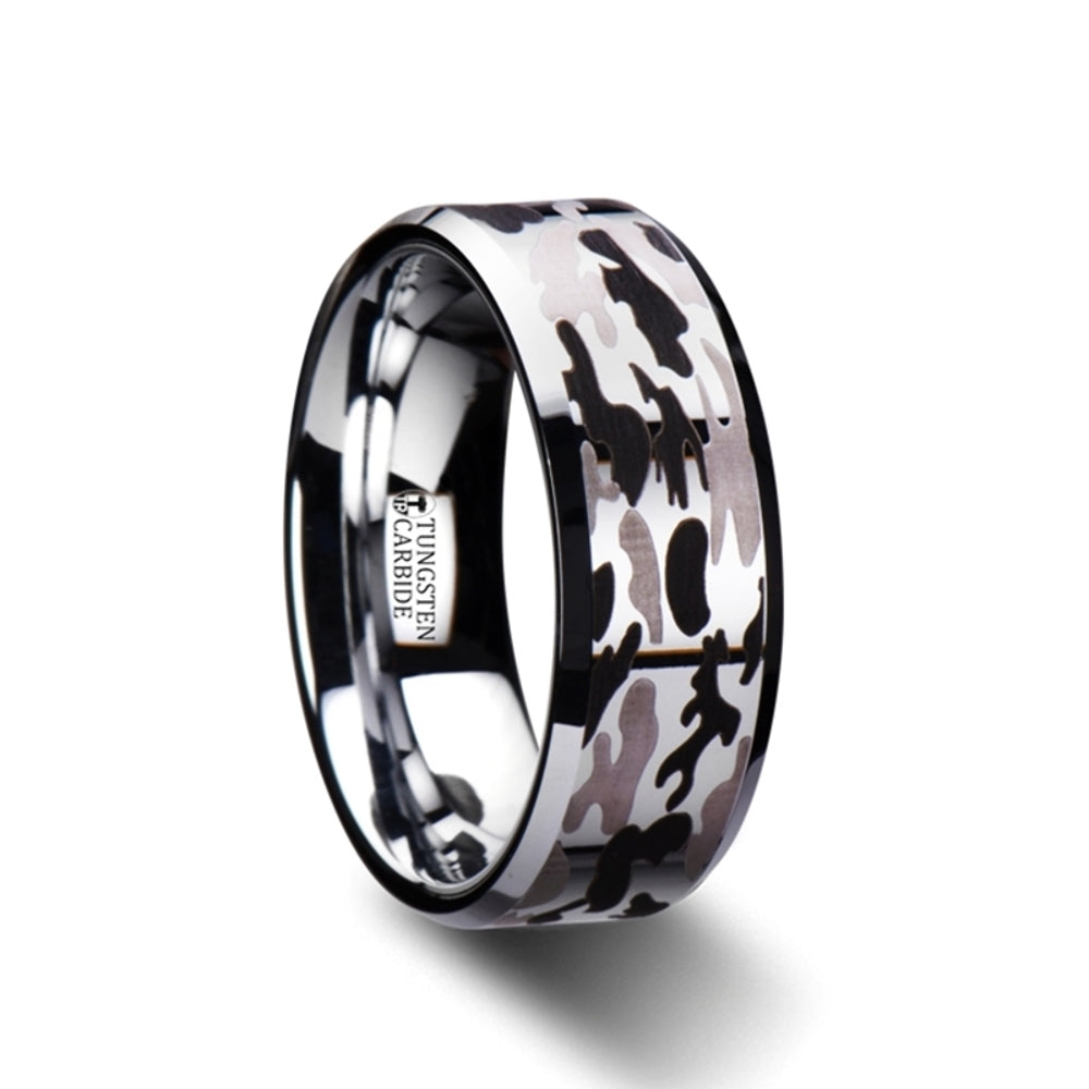 Mens Tungsten Carbide Black and Gray Camo Pattern Wedding Ring - Beveled Comfort Fit - 8mm Wide - Style name: ARMISTICE