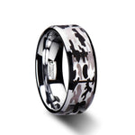 Load image into Gallery viewer, Mens Tungsten Carbide Black and Gray Camo Pattern Wedding Ring - Beveled Comfort Fit - 8mm Wide - Style name: ARMISTICE
