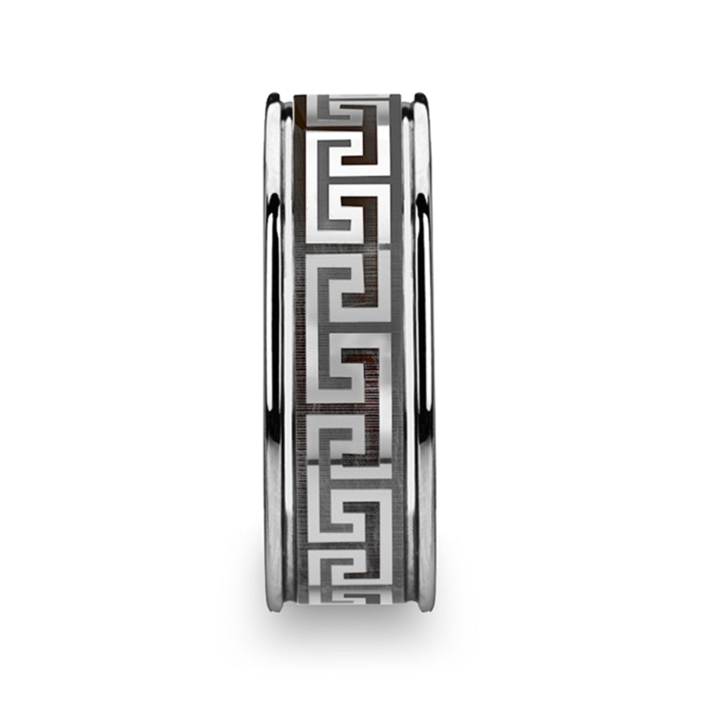 Mens Tungsten Greek Key Meander Design Grooved Wedding Ring - Polished Comfort Fit - 8mm Wide - Style name: THASOS