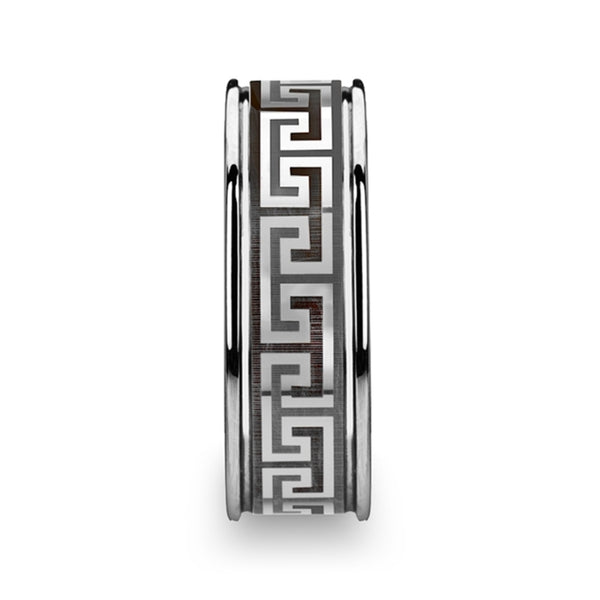 Mens Tungsten Greek Key Meander Design Grooved Wedding Ring - Polished Comfort Fit - 8mm Wide - Style name: THASOS