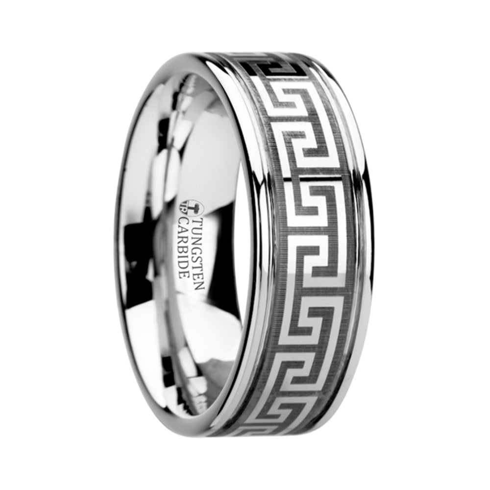 Mens Tungsten Greek Key Meander Design Grooved Wedding Ring - Polished Comfort Fit - 8mm Wide - Style name: THASOS