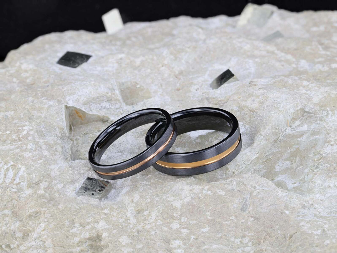 Mens Black Ceramic Rose Gold Groove Wedding Ring - Brushed Comfort Fit - 4mm 6mm 8mm 10mm Wide - Style name: VENICE