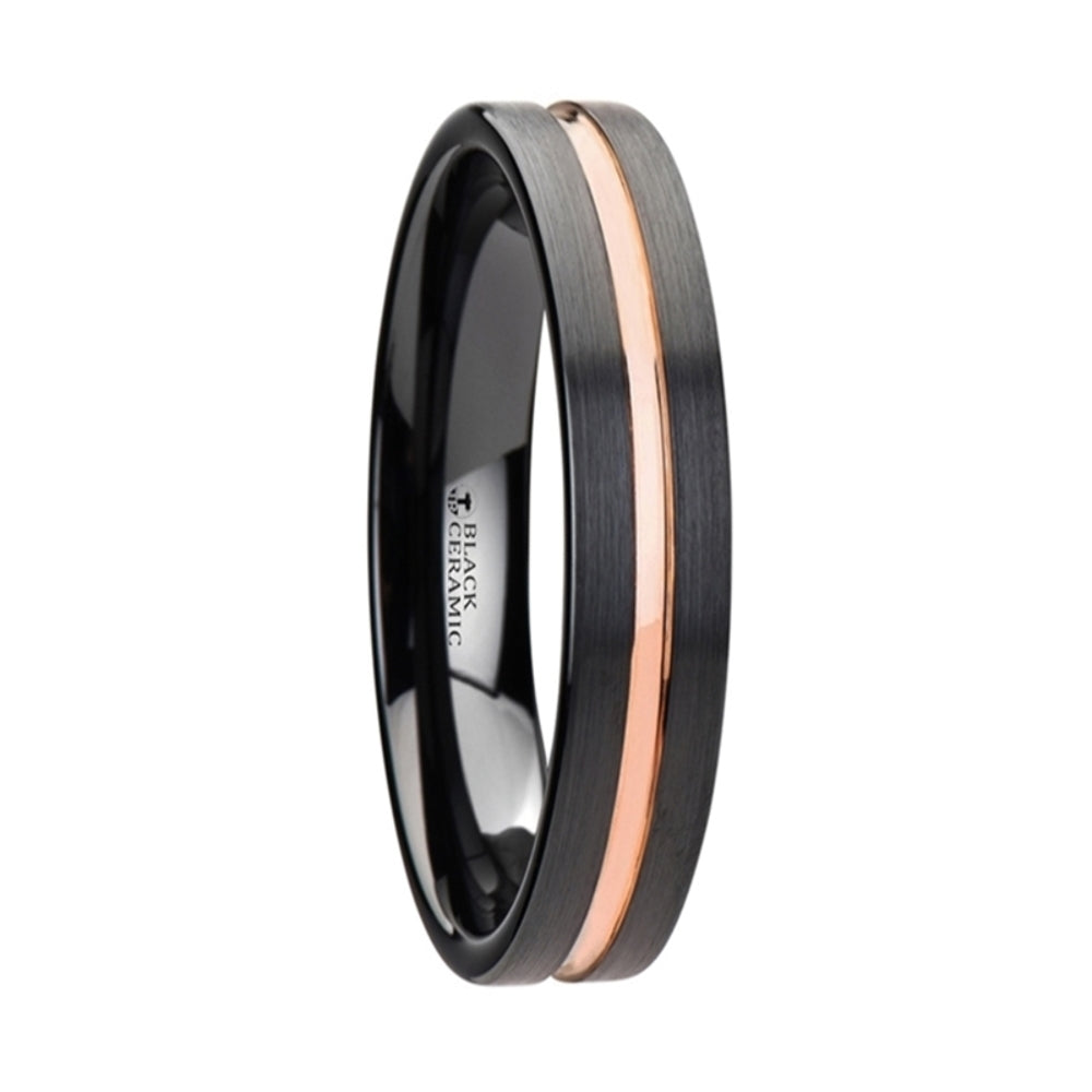 Mens Black Ceramic Rose Gold Groove Wedding Ring - Brushed Comfort Fit - 4mm 6mm 8mm 10mm Wide - Style name: VENICE