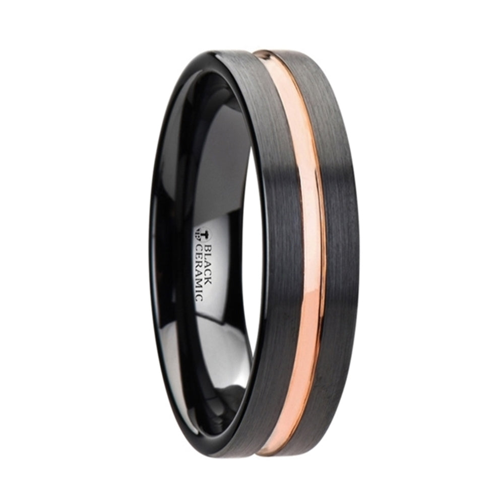 Mens Black Ceramic Rose Gold Groove Wedding Ring - Brushed Comfort Fit - 4mm 6mm 8mm 10mm Wide - Style name: VENICE