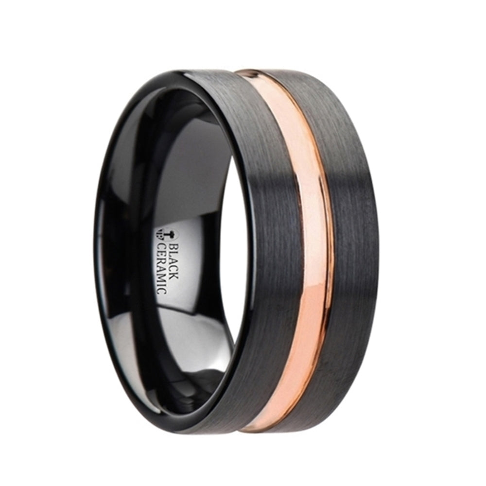 Mens Black Ceramic Rose Gold Groove Wedding Ring - Brushed Comfort Fit - 4mm 6mm 8mm 10mm Wide - Style name: VENICE