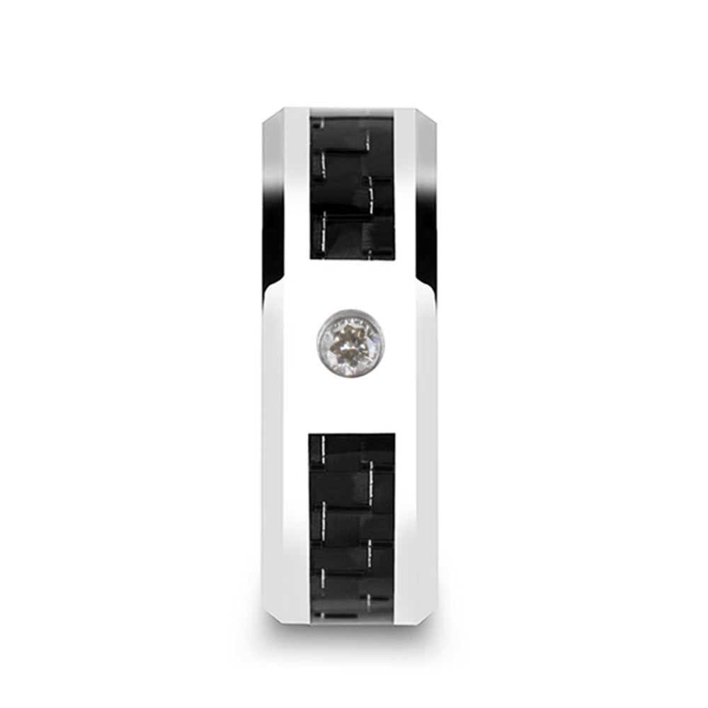 Mens Tungsten Black Carbon Fiber And White Diamond Setting Wedding Ring - Beveled Comfort Fit - 8mm Wide - Style name: CAYMAN