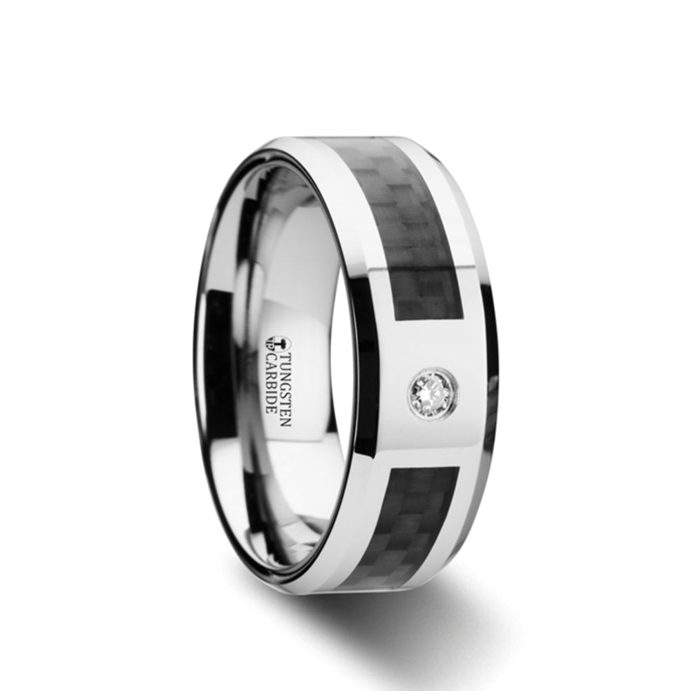 Mens Tungsten Black Carbon Fiber And White Diamond Setting Wedding Ring - Beveled Comfort Fit - 8mm Wide - Style name: CAYMAN