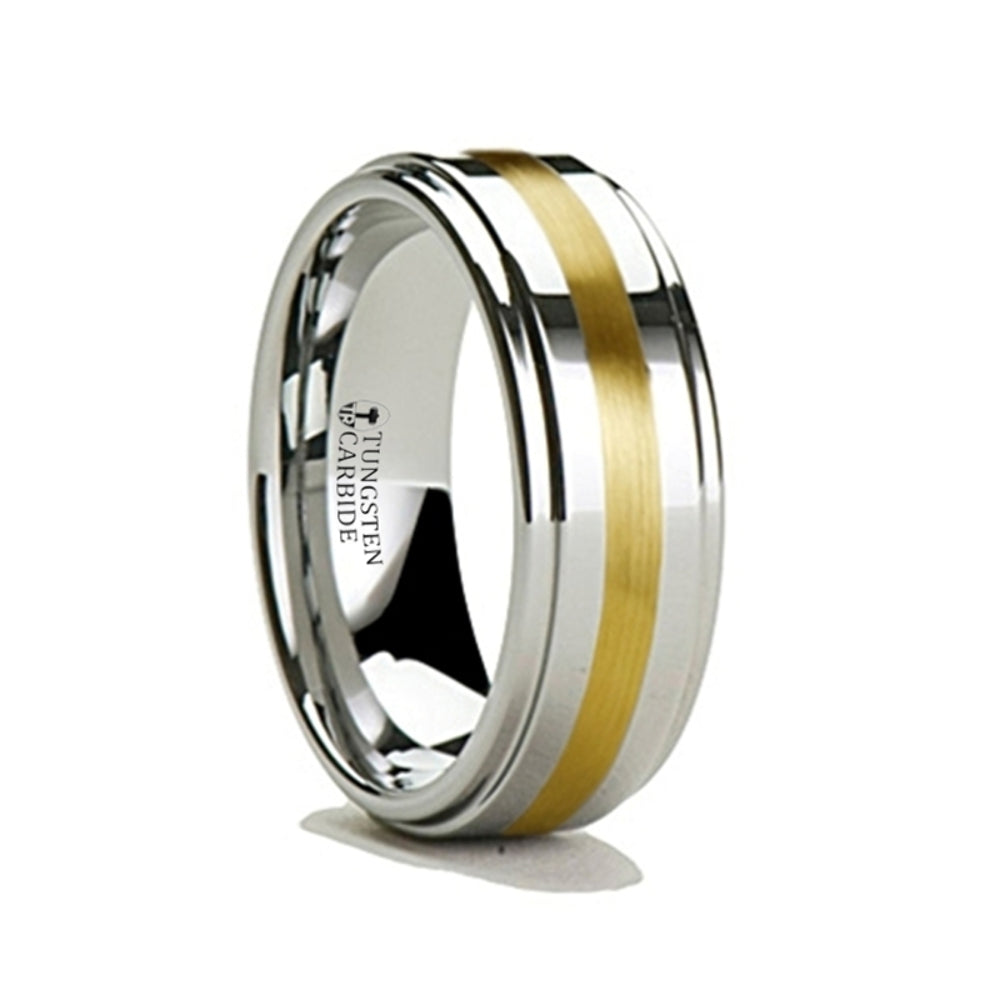 Mens Tungsten Carbide Gold Inlaid Wedding Ring - Raised Center Comfort Fit - 8mm Wide - Style name: APOLLO