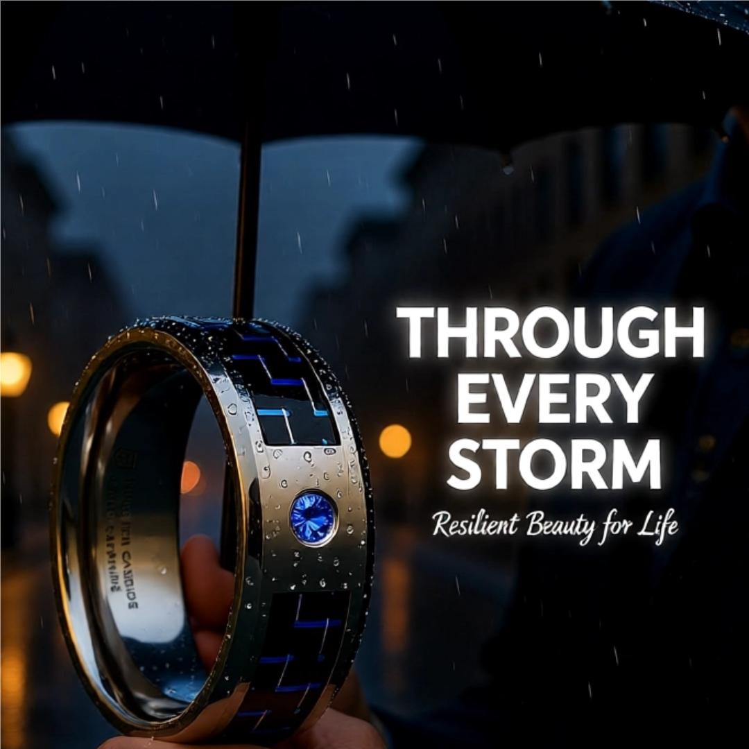 Mens Tungsten Black And Blue Carbon Fiber Blue Sapphire Setting Wedding Ring - Bevelled Comfort Fit - 8mm Wide - Style name: NEPTUNE
