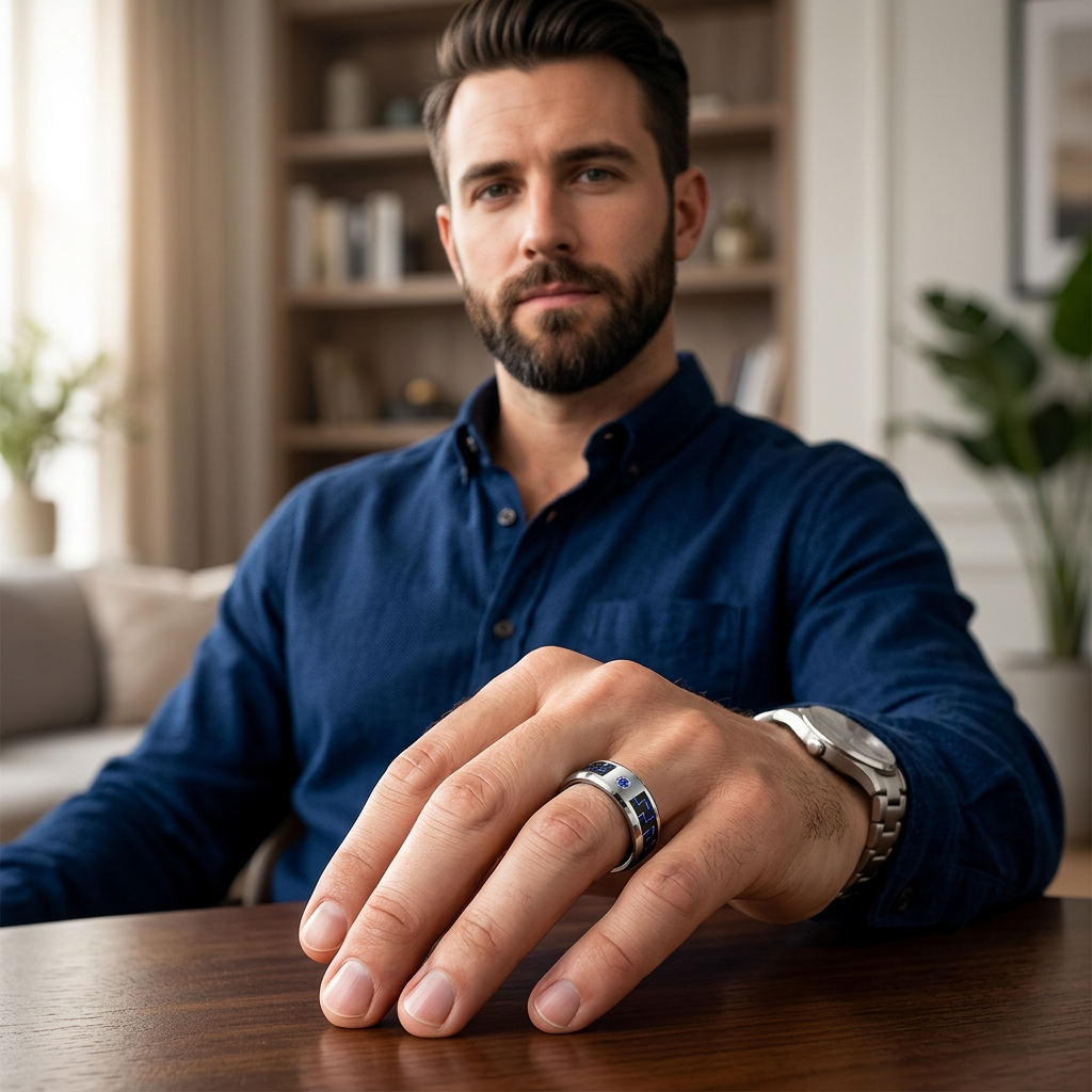 Mens Tungsten Black And Blue Carbon Fiber Blue Sapphire Setting Wedding Ring - Bevelled Comfort Fit - 8mm Wide - Style name: NEPTUNE