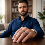 Load image into Gallery viewer, Mens Tungsten Black And Blue Carbon Fiber Blue Sapphire Setting Wedding Ring - Bevelled Comfort Fit - 8mm Wide - Style name: NEPTUNE

