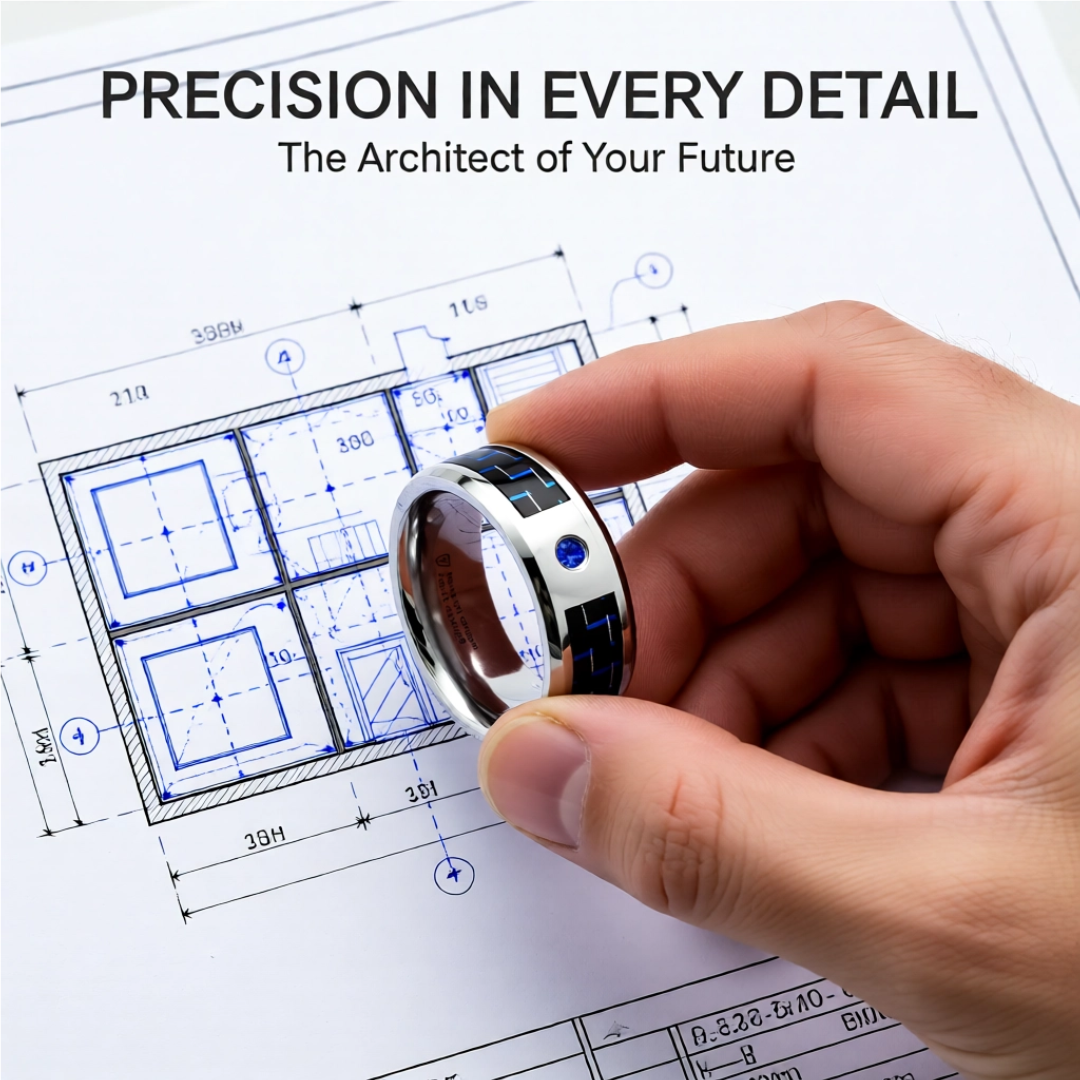 Mens Tungsten Black And Blue Carbon Fiber Blue Sapphire Setting Wedding Ring - Bevelled Comfort Fit - 8mm Wide - Style name: NEPTUNE